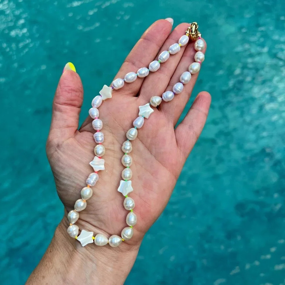 Baroque Freshwater Pearl Hand-knotted Necklace, Rainbow Silk, Gold Fille… - Picture 6 of 10